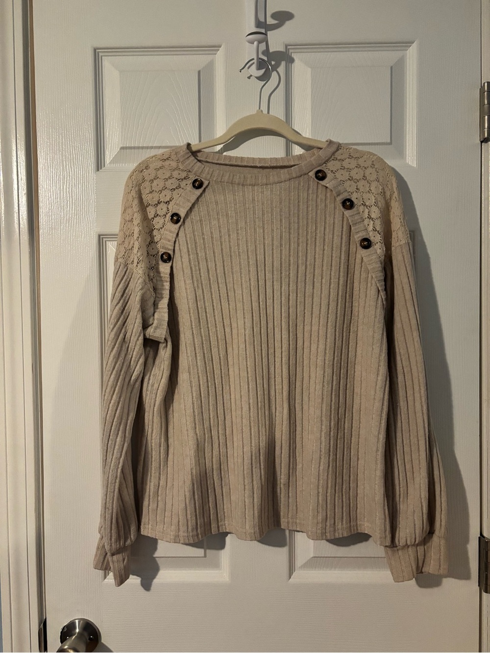Cream Ribbed Knit Crewneck Sweater with Lace Yoke